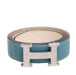 Pre Owned Hermes Blue Jean/Blanc Epsom and Swift Leather H Buckle Reversible Belt 95CM