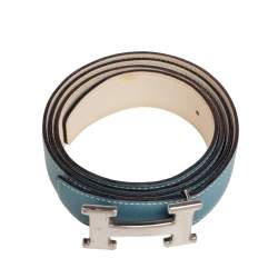 Pre Owned Hermes Blue Jean/Blanc Epsom and Swift Leather H Buckle Reversible Belt 95CM