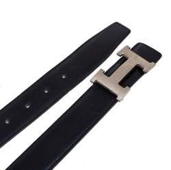 Pre Owned Hermes Ciel/Black Clemence and Box Leather H Buckle Reversible Belt 90CM