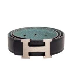 Pre Owned Hermes Ciel/Black Clemence and Box Leather H Buckle Reversible Belt 90CM