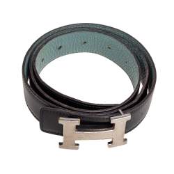 Pre Owned Hermes Ciel/Black Clemence and Box Leather H Buckle Reversible Belt 90CM