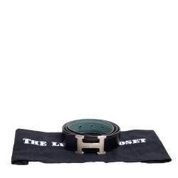 Pre Owned Hermes Ciel/Black Clemence and Box Leather H Buckle Reversible Belt 90CM