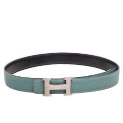 Pre Owned Hermes Ciel/Black Clemence and Box Leather H Buckle Reversible Belt 90CM