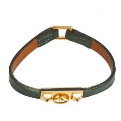 Pre Owned Hermès Green Leather Gold Plated Micro Rivale Bracelet S