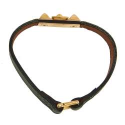 Pre Owned Hermès Green Leather Gold Plated Micro Rivale Bracelet S