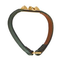 Pre Owned Hermès Green Leather Gold Plated Micro Rivale Bracelet S