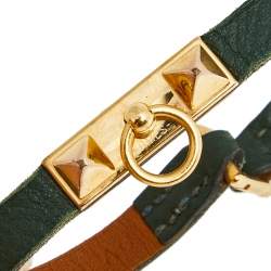 Pre Owned Hermès Green Leather Gold Plated Micro Rivale Bracelet S