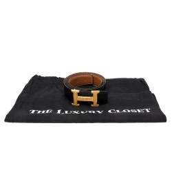 Pre Owned Hermes Black/Brown Box Calf and Togo Leather Guillochee Finish H Buckle Reversible Belt Size 90