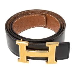 Pre Owned Hermes Black/Brown Box Calf and Togo Leather Guillochee Finish H Buckle Reversible Belt Size 90