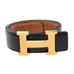 Pre Owned Hermes Black/Brown Box Calf and Togo Leather Guillochee Finish H Buckle Reversible Belt Size 90