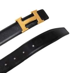 Pre Owned Hermes Black/Brown Box Calf and Togo Leather Guillochee Finish H Buckle Reversible Belt Size 90