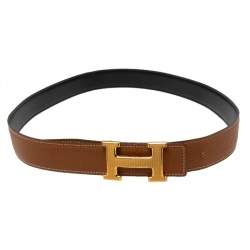 Pre Owned Hermes Black/Brown Box Calf and Togo Leather Guillochee Finish H Buckle Reversible Belt Size 90