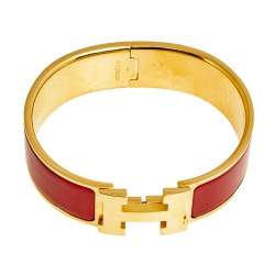Pre Owned Hermes Clic Clac H Enamel Gold Plated Wide Bracelet PM