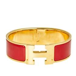 Pre Owned Hermes Clic Clac H Enamel Gold Plated Wide Bracelet PM