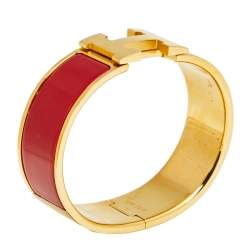 Pre Owned Hermes Clic Clac H Enamel Gold Plated Wide Bracelet PM