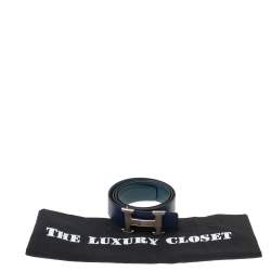 Pre Owned Hermes Bleu Encre/Colvert Epsom and Swift Leather Guillochee Finish H Reversible Buckle Belt 85CM