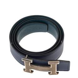 Pre Owned Hermes Bleu Encre/Colvert Epsom and Swift Leather Guillochee Finish H Reversible Buckle Belt 85CM