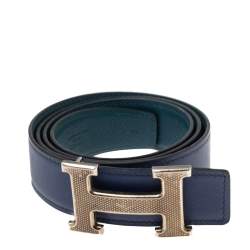 Hermes Blue Jean/Blanc Epsom and Swift Leather H Buckle Reversible Belt  95CM Hermes