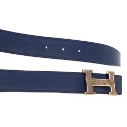 Pre Owned Hermes Bleu Encre/Colvert Epsom and Swift Leather Guillochee Finish H Reversible Buckle Belt 85CM