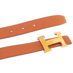 Pre Owned Hermes Black/Orange Epsom and Swift Leather Mini H Buckle Reversible Belt 70CM
