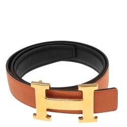 Pre Owned Hermes Black/Orange Epsom and Swift Leather Mini H Buckle Reversible Belt 70CM