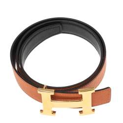 Pre Owned Hermes Black/Orange Epsom and Swift Leather Mini H Buckle Reversible Belt 70CM