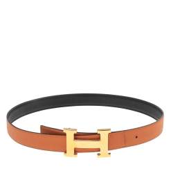 Pre Owned Hermes Black/Orange Epsom and Swift Leather Mini H Buckle Reversible Belt 70CM
