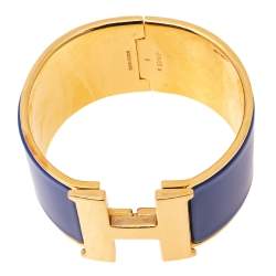 Pre Owned Hermès Clic Clac H Blue Enamel Gold Plated Extra Wide Bracelet PM
