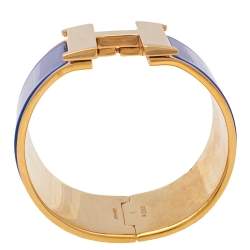 Pre Owned Hermès Clic Clac H Blue Enamel Gold Plated Extra Wide Bracelet PM