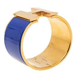 Pre Owned Hermès Clic Clac H Blue Enamel Gold Plated Extra Wide Bracelet PM