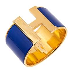 Pre Owned Hermès Clic Clac H Blue Enamel Gold Plated Extra Wide Bracelet PM