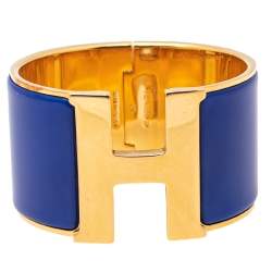 Pre Owned Hermès Clic Clac H Blue Enamel Gold Plated Extra Wide Bracelet PM