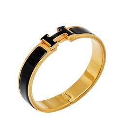 Hermès Clic H Black Enamel Gold Tone Narrow Bracelet Hermes 