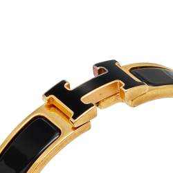 Pre Owned Hermès Clic H Black Enamel Gold Tone Narrow Bracelet