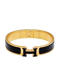 Pre Owned Hermès Clic H Black Enamel Gold Tone Narrow Bracelet
