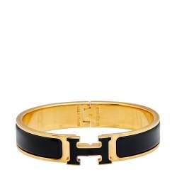 Pre Owned Hermès Clic H Black Enamel Gold Tone Narrow Bracelet