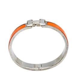 Pre Owned  Hermes Clic H Narrow Orange Enamel Palladium Plated Bracelet PM