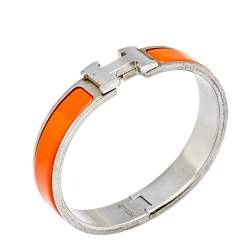 Pre Owned  Hermes Clic H Narrow Orange Enamel Palladium Plated Bracelet PM