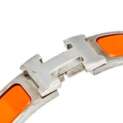 Pre Owned  Hermes Clic H Narrow Orange Enamel Palladium Plated Bracelet PM