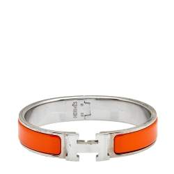 Pre Owned  Hermes Clic H Narrow Orange Enamel Palladium Plated Bracelet PM