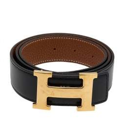 Pre Owned  Hermes Black/Gold Box and Togo Leather H Buckle Reversible Belt 85CM