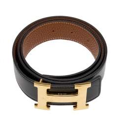 Pre Owned  Hermes Black/Gold Box and Togo Leather H Buckle Reversible Belt 85CM