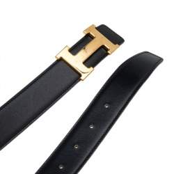Pre Owned  Hermes Black/Gold Box and Togo Leather H Buckle Reversible Belt 85CM