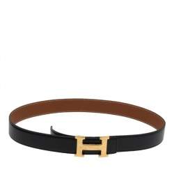 Pre Owned  Hermes Black/Gold Box and Togo Leather H Buckle Reversible Belt 85CM