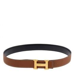 Pre Owned  Hermes Black/Gold Box and Togo Leather H Buckle Reversible Belt 85CM