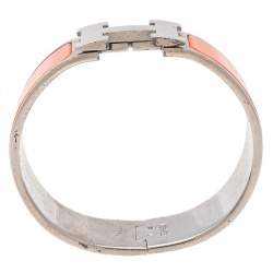 Pre Owned Hermès Clic Clac H Orange Enamel Palladium Plated Wide Bracelet PM