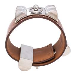 Pre Owned Hermes Collier De Chien Brown Leather Palladium Plated Metal Bracelet S