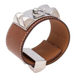 Pre Owned Hermes Collier De Chien Brown Leather Palladium Plated Metal Bracelet S