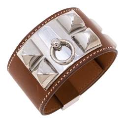 Pre Owned Hermes Collier De Chien Brown Leather Palladium Plated Metal Bracelet S