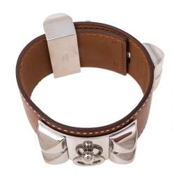Pre Owned Hermes Collier De Chien Brown Leather Palladium Plated Metal Bracelet S